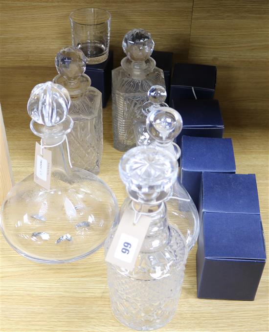 A silver-mounted decanter and stopper, five other decanters and seven whisky tumblers